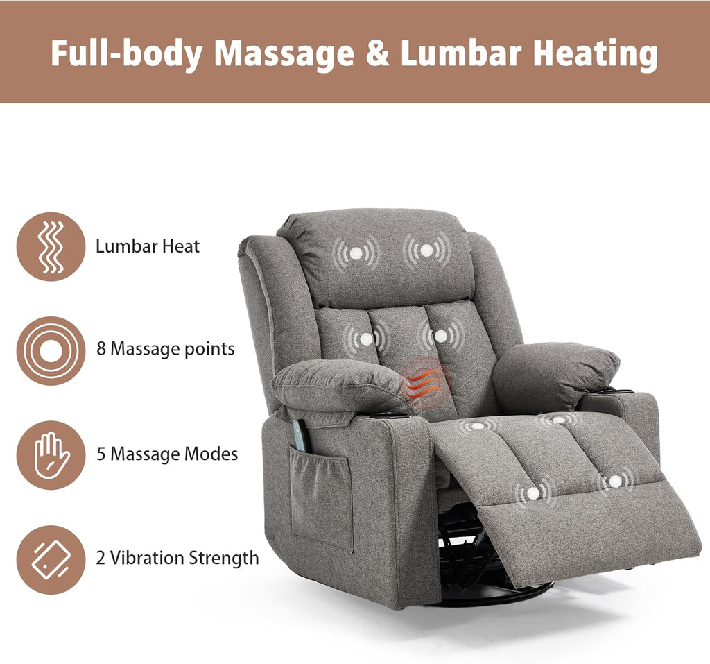 Rocker Swivel Recliner Chair for Adults, Overstuffed Large Manual Recliner Glider with Massage and Heat, Comfy Soft Fabric Living Room Reclining Sofa Chair (Smoked Gray)