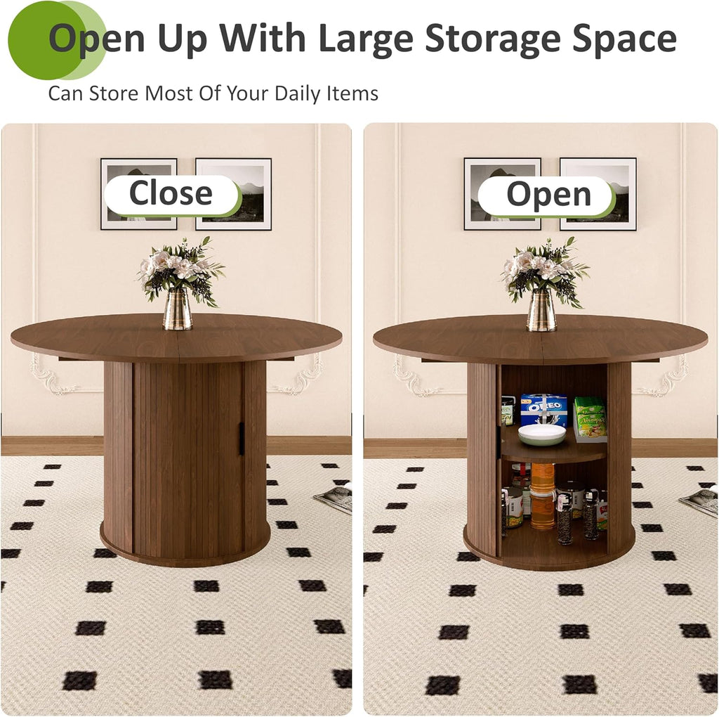 Dining Table for 4-6,59“Extendable Round Dining Room Kitchen Table with Storage,Round Table for Living Room,Fluted Wood Table with Slide Door,Expandable Oval Dinner Furniture with Pedestal Base,Walnut