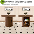 Dining Table for 4-6,59“Extendable Round Dining Room Kitchen Table with Storage,Round Table for Living Room,Fluted Wood Table with Slide Door,Expandable Oval Dinner Furniture with Pedestal Base,Walnut