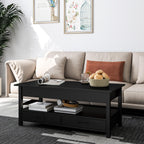 Panana Coffee Table, Lift Top Coffee Table with Hidden Compartment, 2 Drawers and 1 Open Shelf, Retro Central Wooden Table Lift Tabletop for Living Room (Black)