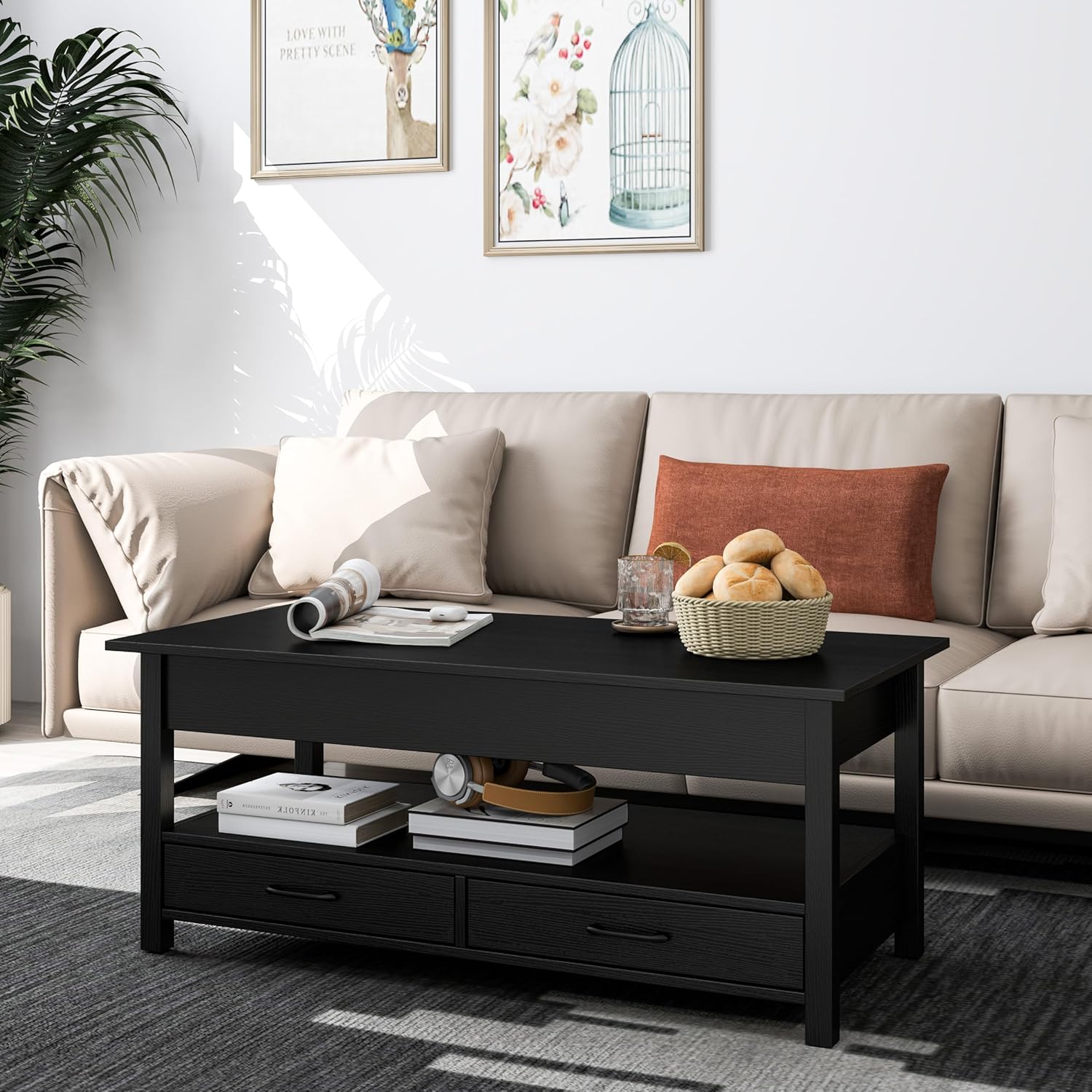 Panana Coffee Table, Lift Top Coffee Table with Hidden Compartment, 2 Drawers and 1 Open Shelf, Retro Central Wooden Table Lift Tabletop for Living Room (Black)