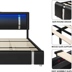 Keyluv Queen Bed Frame with RGB LED Lights Headboard & 2 Storage Drawers, Modern Upholstered Faux Leather Platform Bed with Iron Metal Decor, USB & USB-C Charging Ports, No Box Spring Needed, Black