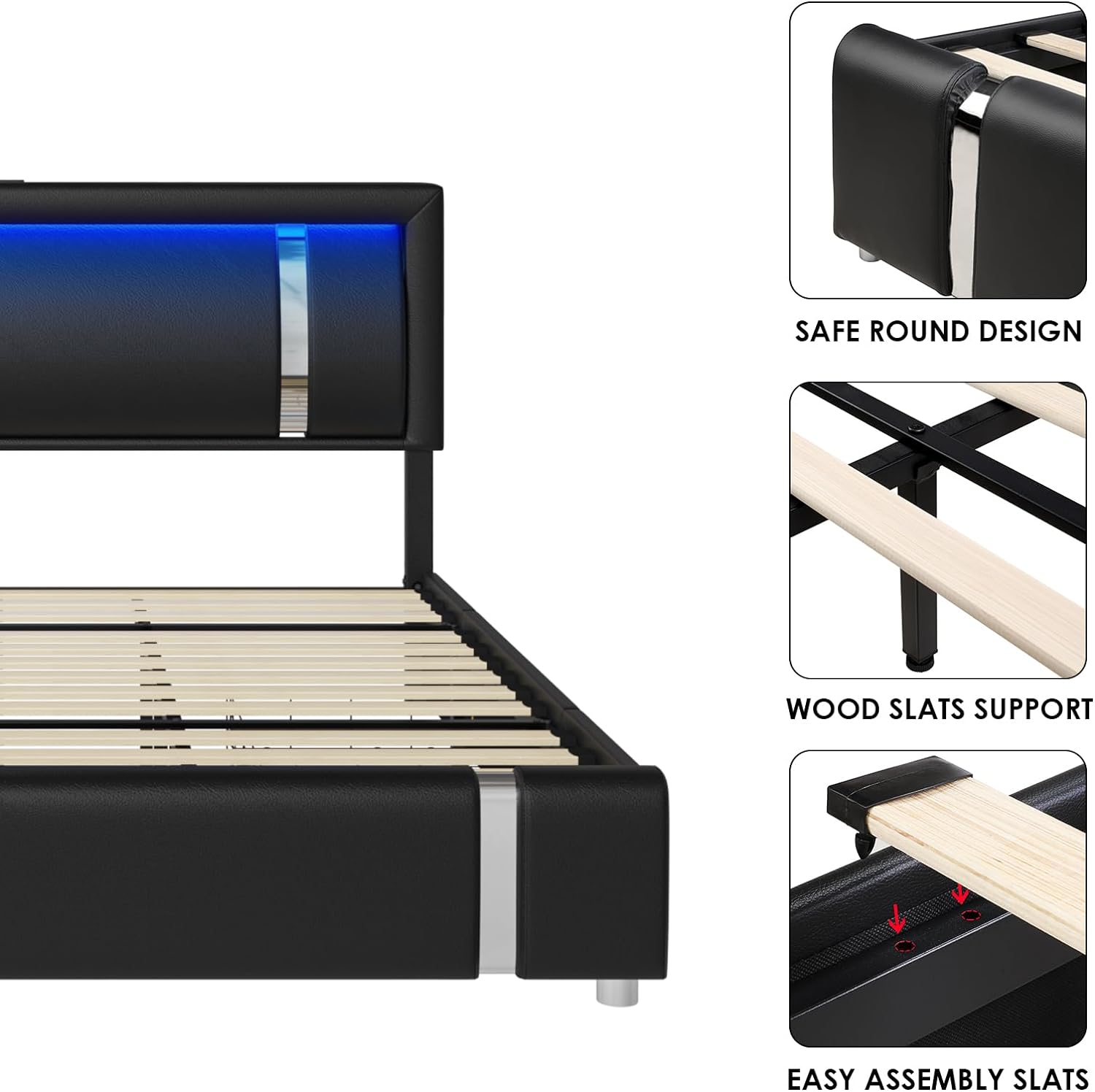 Keyluv Queen Bed Frame with RGB LED Lights Headboard & 2 Storage Drawers, Modern Upholstered Faux Leather Platform Bed with Iron Metal Decor, USB & USB-C Charging Ports, No Box Spring Needed, Black