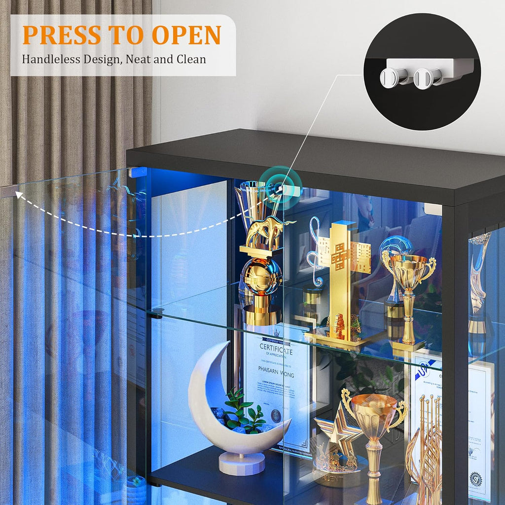 FREDEES Display Cabinet with Glass Doors,67" Adjustable Display Shelf with 2 Drawers and 4 Tier Curio Cabinet,Tall Bookcase with 3 Color Lights and Human Body Sensor for Toys,Books（Black）