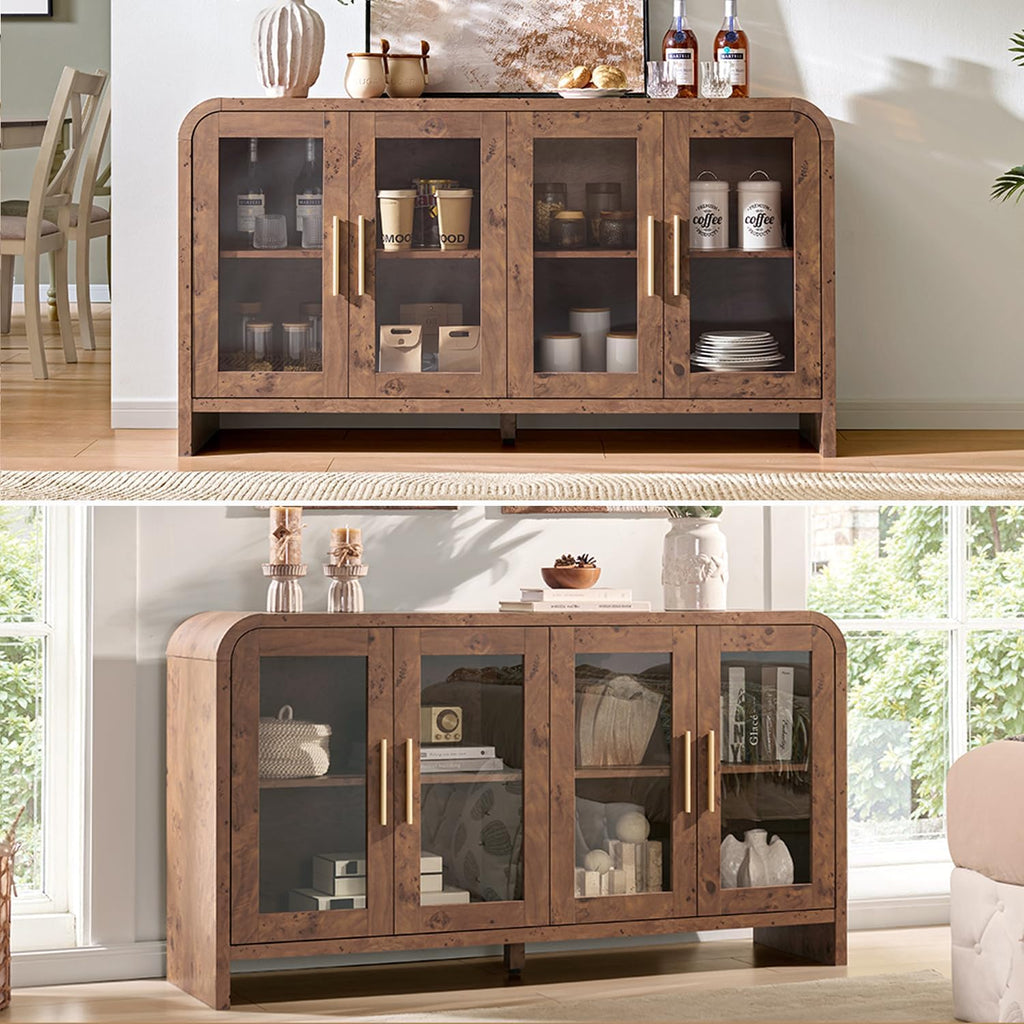 Sideboard Buffet Cabinet Unique Curved Large Credenza Storage Cabinet with 4 Glass Doors, FSC-Certified Wooden Board Console Cabinet, Kitchen Coffee Bar Cabinet for Living Room, Hallway