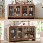 Sideboard Buffet Cabinet Unique Curved Large Credenza Storage Cabinet with 4 Glass Doors, FSC-Certified Wooden Board Console Cabinet, Kitchen Coffee Bar Cabinet for Living Room, Hallway