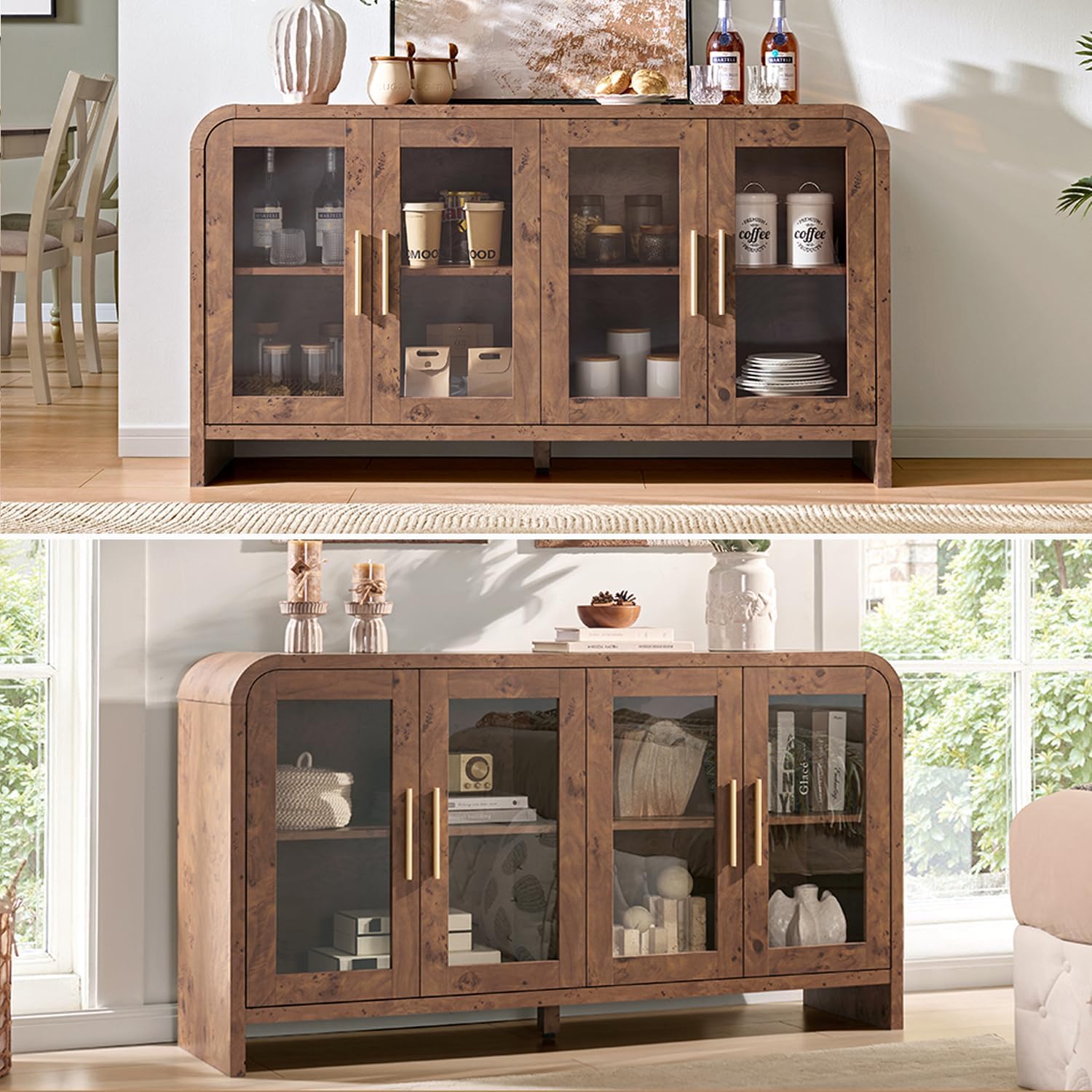 Sideboard Buffet Cabinet Unique Curved Large Credenza Storage Cabinet with 4 Glass Doors, FSC-Certified Wooden Board Console Cabinet, Kitchen Coffee Bar Cabinet for Living Room, Hallway