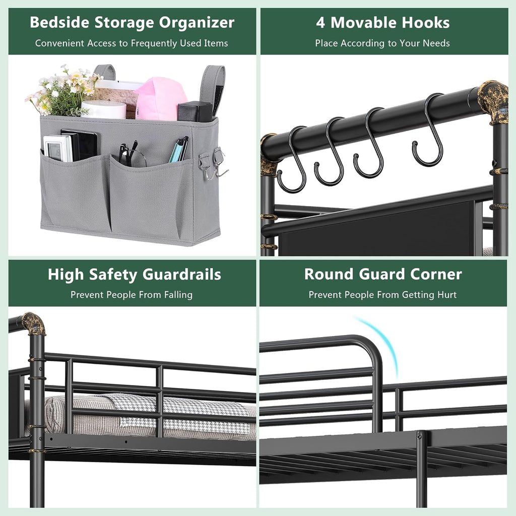 Metal LED Bunk Bed Twin Over Twin with 2 Storage Drawers, USB Charging Station, Industrial Bunkbeds Heavy Duty Bed with Safety Guardrail and Ladder, No Box Spring Needed, Black