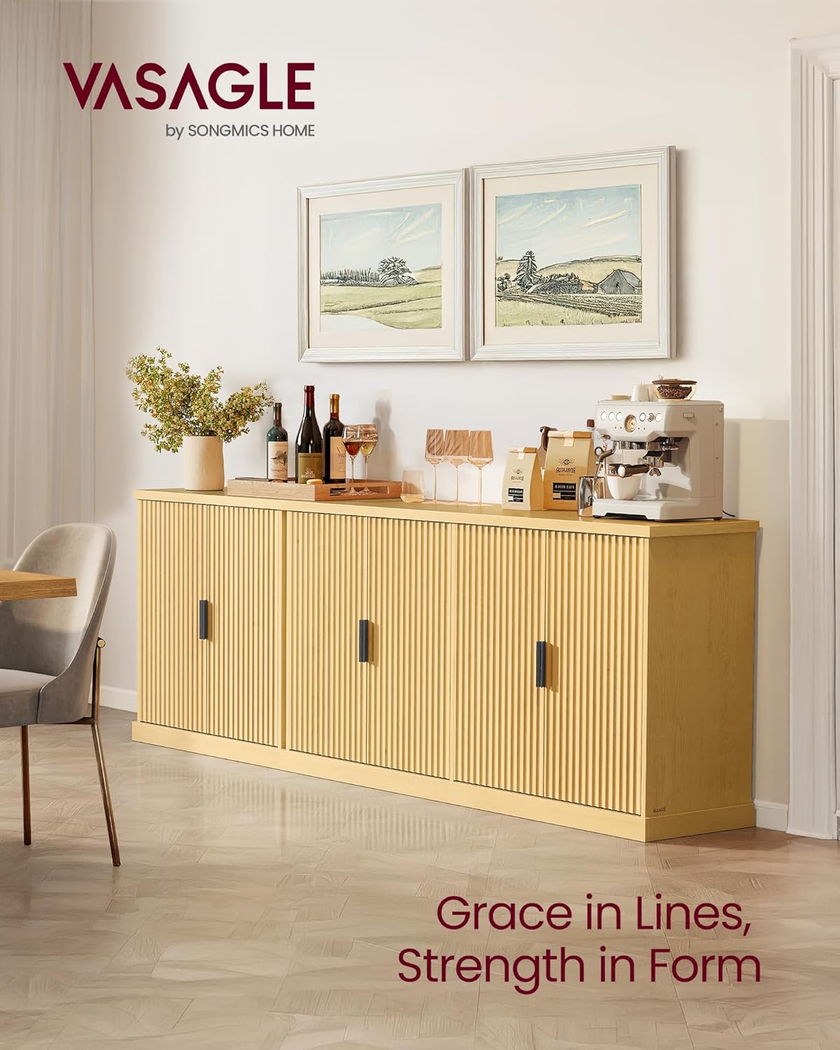 VASAGLE MAXE Collection - Buffet Cabinet, Fluted Console Cabinet, Sideboard with Adjustable Shelf, Mid Century Modern Buffet Table, 15.8 x 29.9 x 31.5 Inches, Oak Beige UBBK344Y01