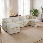 Modular Sofa with Storage, 135" U Shape Sectional Cloud Couch, Comfy Fabric Couch with Movable Ottoman, 6 Seat Modern Deep Seat Sofa for Living Room (Beige Chenille)