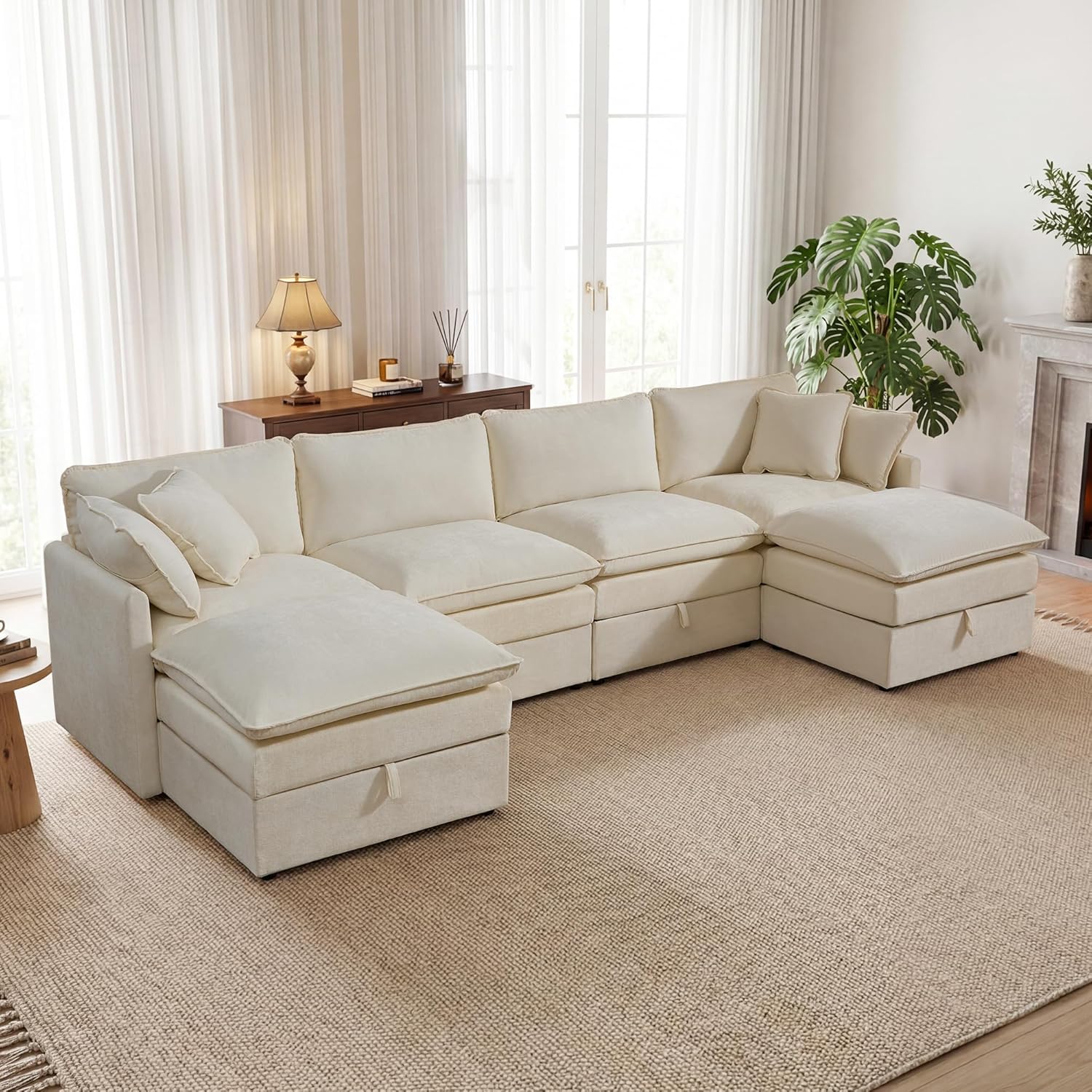 Modular Sofa with Storage, 135" U Shape Sectional Cloud Couch, Comfy Fabric Couch with Movable Ottoman, 6 Seat Modern Deep Seat Sofa for Living Room (Beige Chenille)