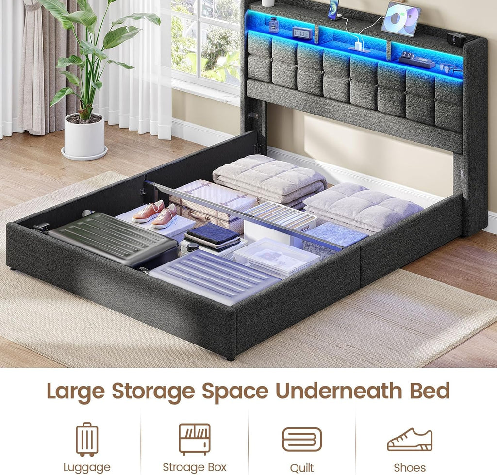 Lift Up King Size Bed Frame with Storage, Upholstered King Bed Frame with Charging Station and LED Lights Headboard, No Box Spring Needed, Easy Assembly - Dark Grey