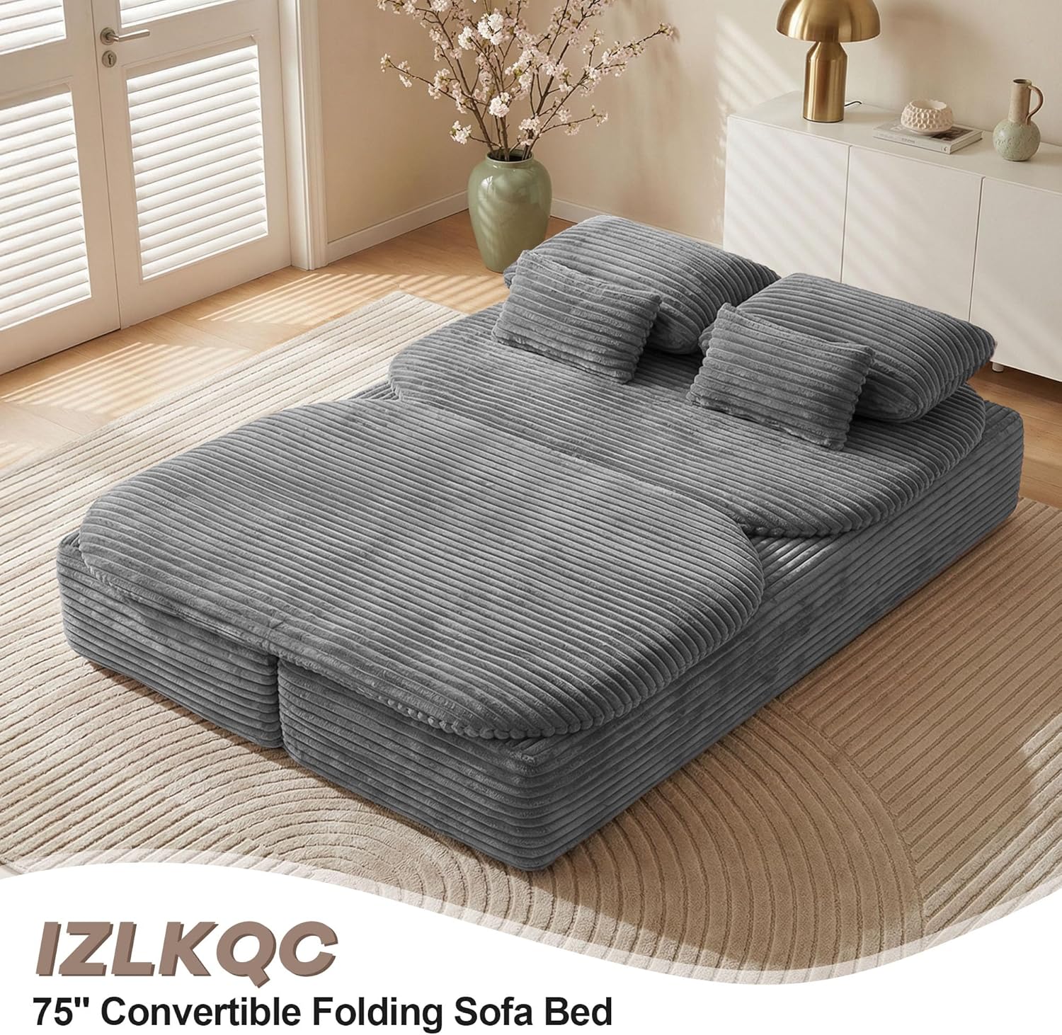 75'' Folding Sleeper Sofa Bed, Convertible Memory Foam Boneless Couch, Foldable Full Size Guest Bed, Modern 2-in-1 Futon Floor Sleeper Sofa with 4 Pillows and Blanket (Corduroy, Gray)