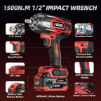 Cordless Impact Wrench 1107Ft-lbs(1500N.m), Brushless High Torque 1/2 Impact Gun with 21V 2x4.0Ah Battery, 3-Mode Speed, Electric Impact Driver with 4 Socket for Home Car Pickup Truck RV Mower