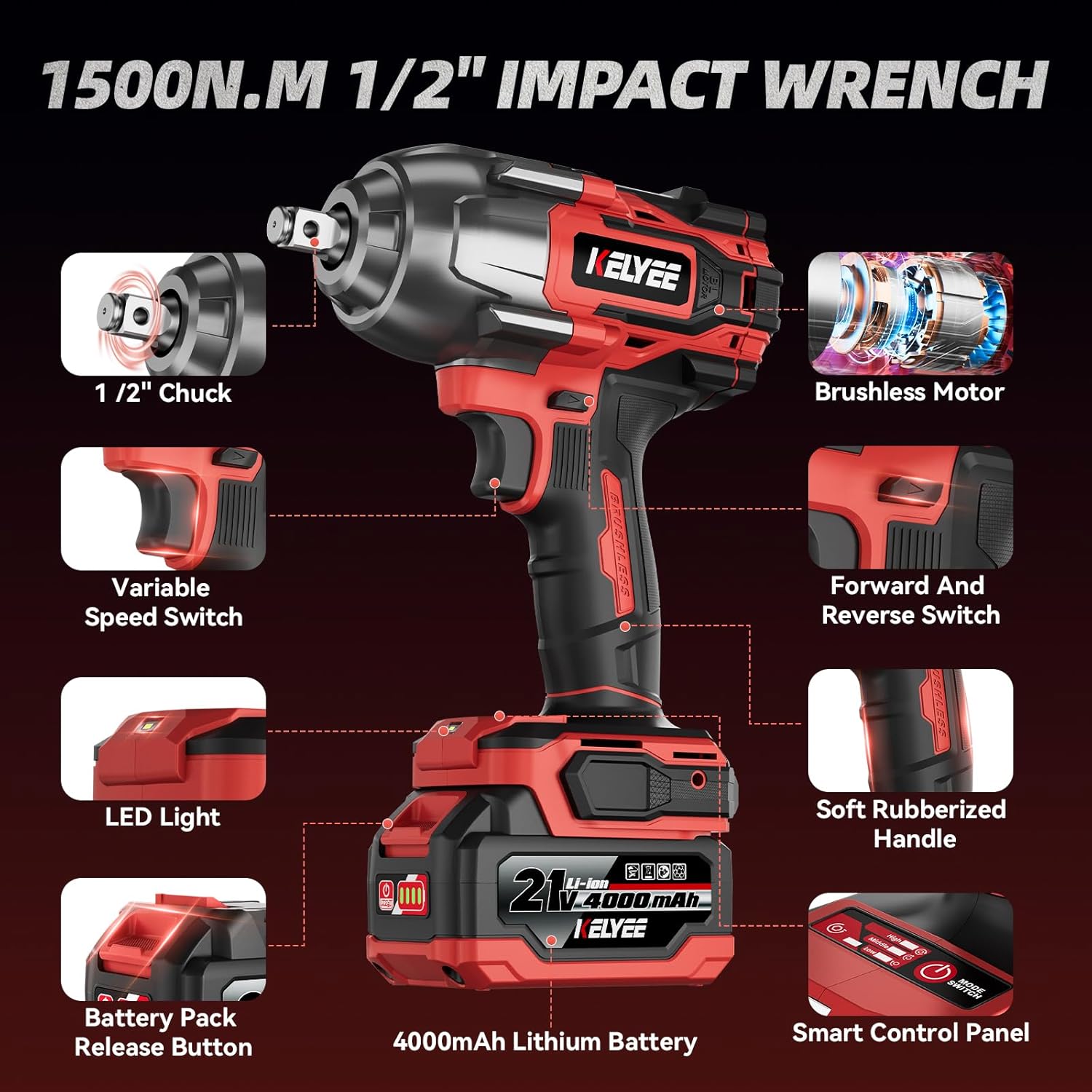 Cordless Impact Wrench 1107Ft-lbs(1500N.m), Brushless High Torque 1/2 Impact Gun with 21V 2x4.0Ah Battery, 3-Mode Speed, Electric Impact Driver with 4 Socket for Home Car Pickup Truck RV Mower