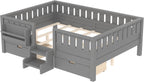 Bellemave Full Size Bed Frame with Storage Drawers & Bookshelf, Low Profile Kids Bed with Staircase & Full Length Guardrails, Solid Wood Full Size Bed Frame Kids with Slats Load 450 LBS, Grey