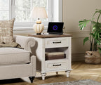 WAMPAT Farmhouse End Table Nightstand with Charging Station, Small Side Table with 2 Drawers & Shelf for Living Room, Light Wood Night Stand Bedside Table for Bedroom, Antique White