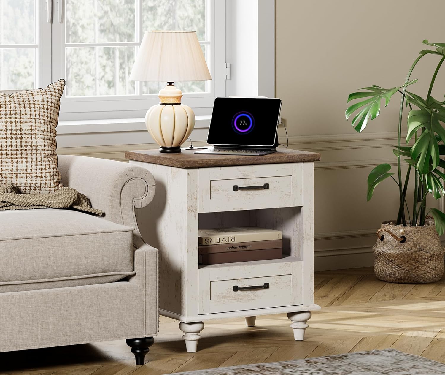 WAMPAT Farmhouse End Table Nightstand with Charging Station, Small Side Table with 2 Drawers & Shelf for Living Room, Light Wood Night Stand Bedside Table for Bedroom, Antique White