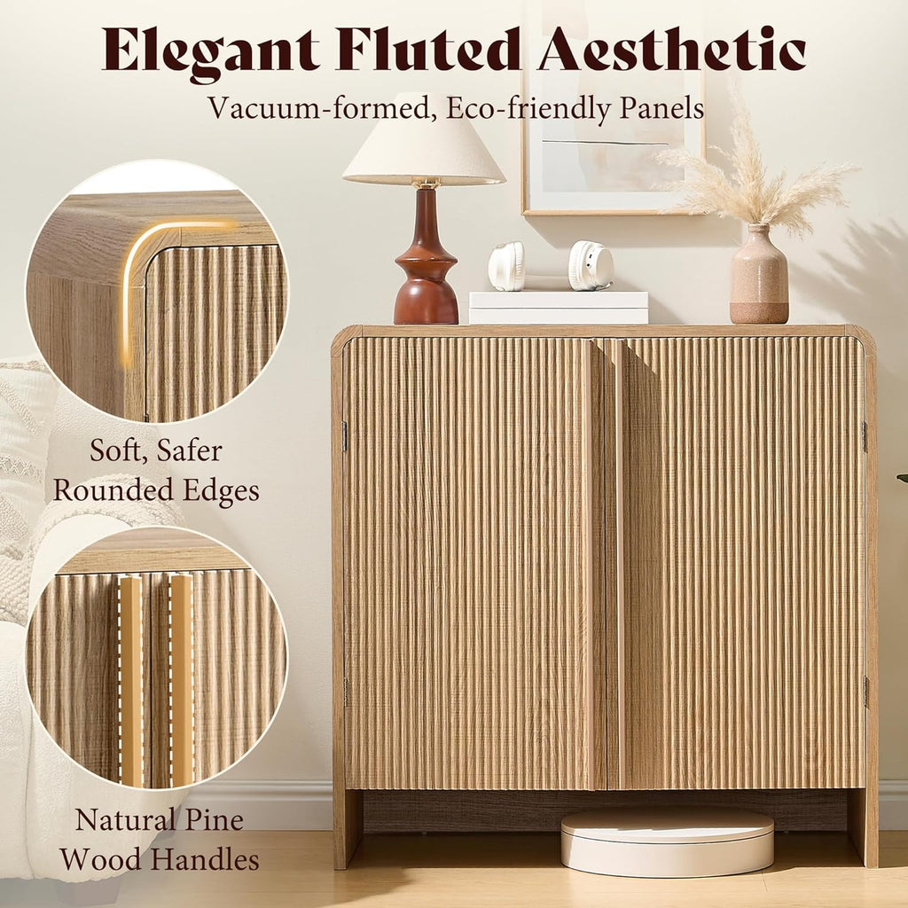 AMERLIFE Fluted Buffet Cabinet with Storage, Modern Sideboard Cabinet with 2 Doors & Adjustable Shelf, Console Table & Credenza for Living Room, Dining Room & Entryway, Natural Oak