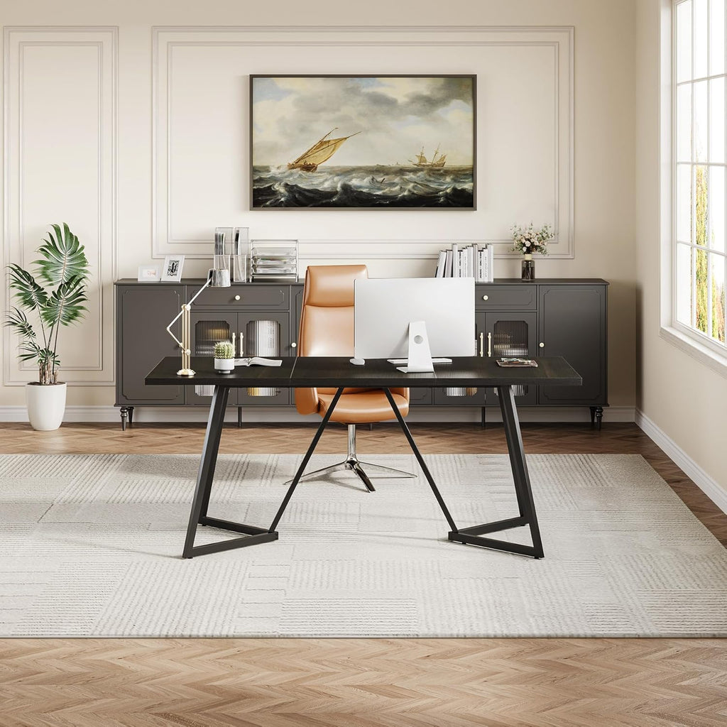 LITTLE TREE 70.86-Inch Conference Table for 8, Black Conference Room Table with Metal Base, Modern 5.9 ft Rectangular Table for Boardroom, Meeting, Conference Room