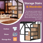 Bellemave Full Size Loft Bed with Storage Stairs, Shelves & Wardrobe, Metal Full Loft Bed Frame with LED Lights & USB Ports for Kids Teens, Noise-Reduced Design, Natural Wood