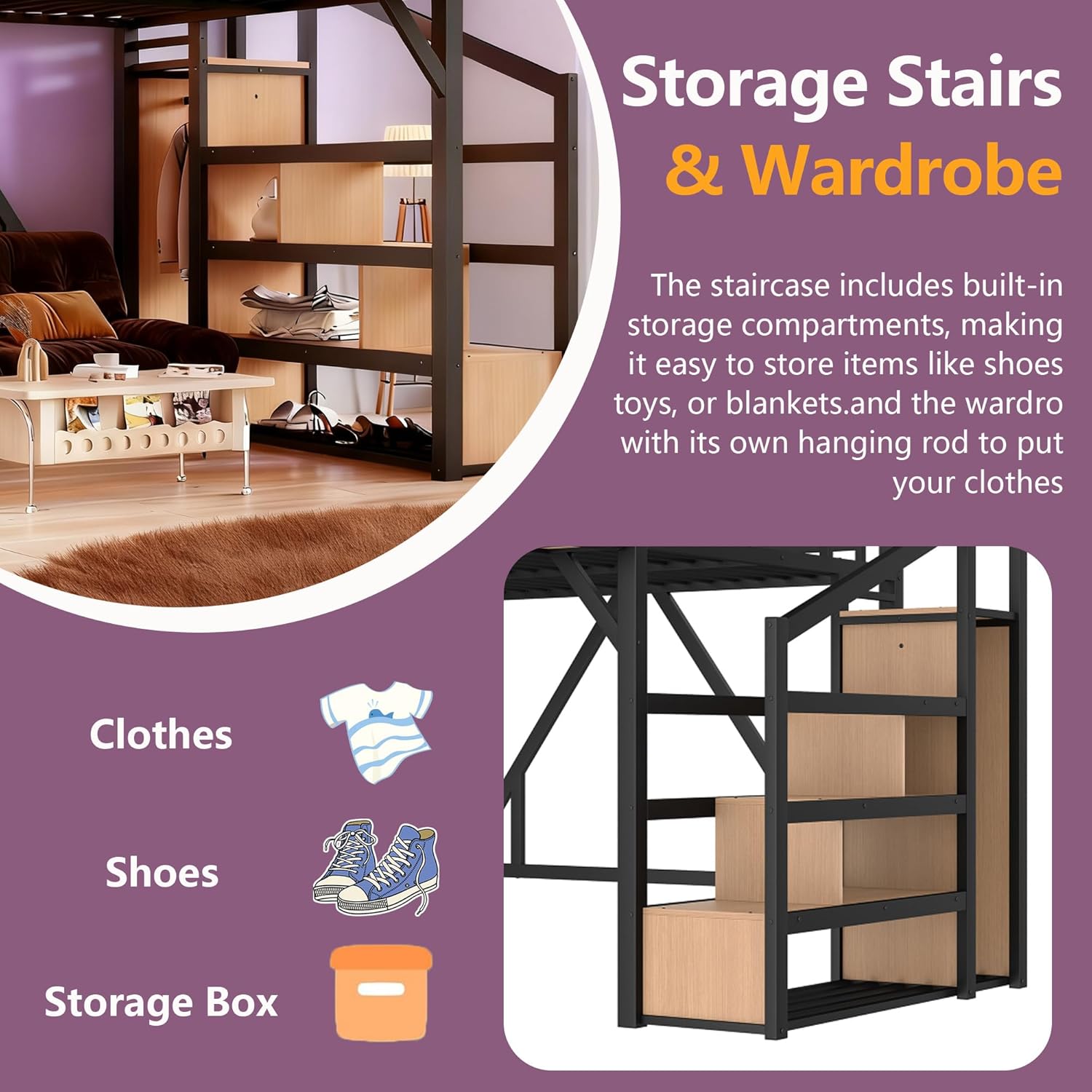 Bellemave Full Size Loft Bed with Storage Stairs, Shelves & Wardrobe, Metal Full Loft Bed Frame with LED Lights & USB Ports for Kids Teens, Noise-Reduced Design, Natural Wood