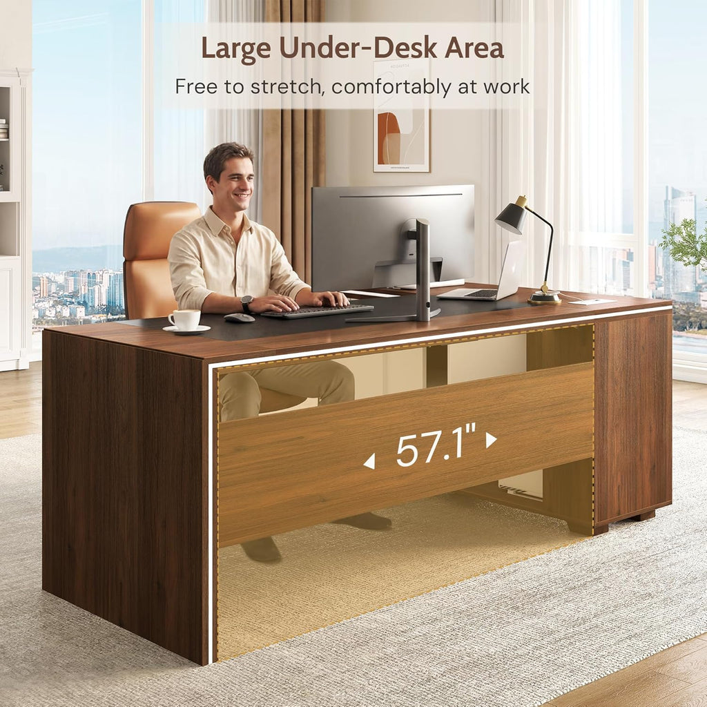 71" L-Shaped Executive Desk with Cabinet Storage, Large Office Computer Desk with Storage Shelves, Under-Desk Bookshelf, CPU Stand, Cable Management, Business Furniture Workstation (Brown)