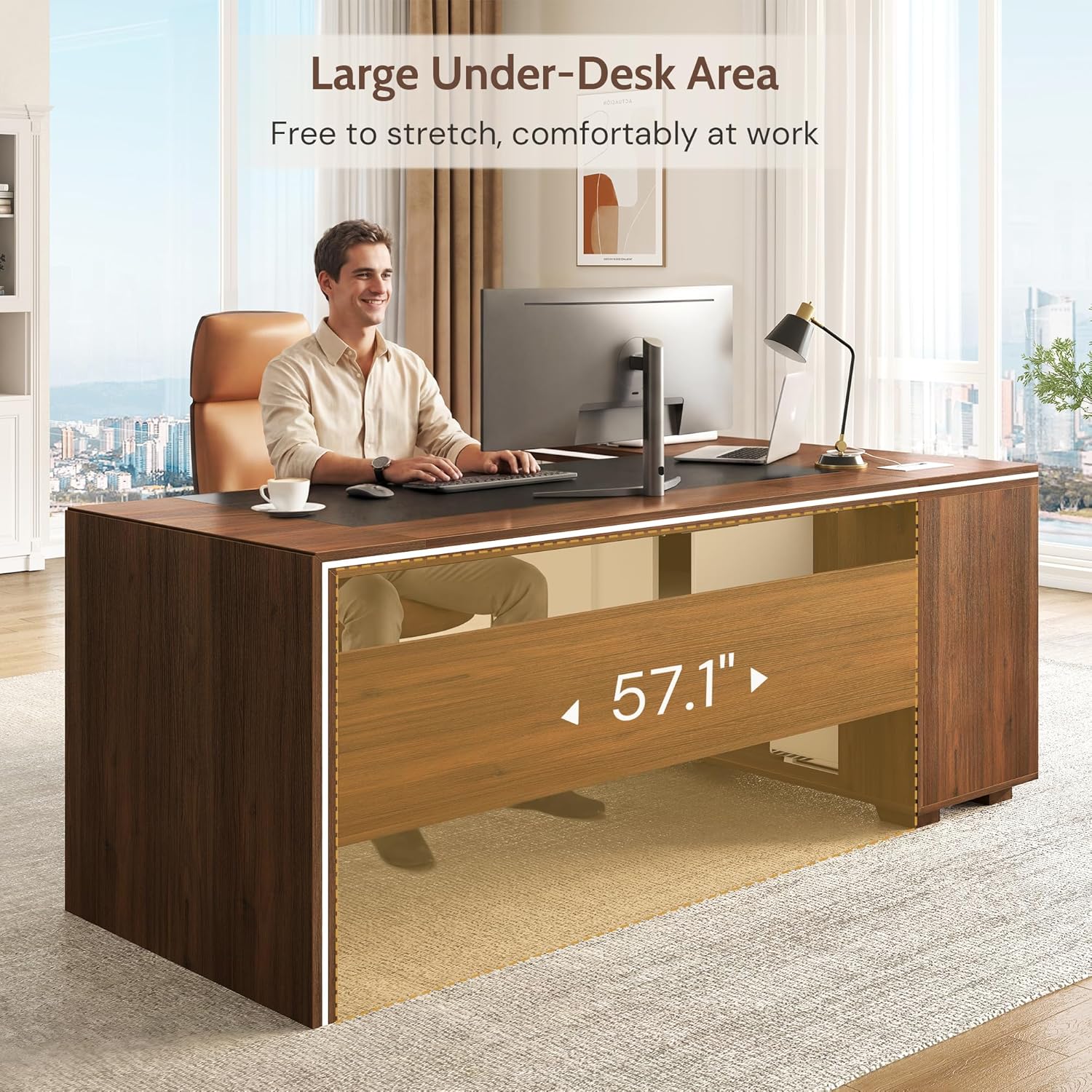 71" L-Shaped Executive Desk with Cabinet Storage, Large Office Computer Desk with Storage Shelves, Under-Desk Bookshelf, CPU Stand, Cable Management, Business Furniture Workstation (Brown)