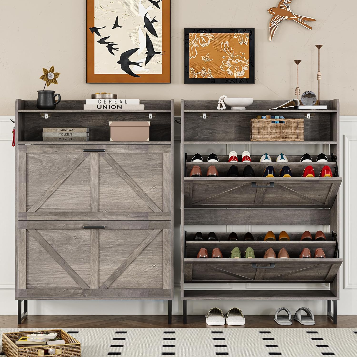 BORNOON Shoe Cabinet with 2 Flip Drawers Narrow Shoe Storage Organizer Wooden Freestanding Rack Hidden Slim Shoes Storage Cabinet for Entryway, Hallway, Living Room, Bedroom (Grey)