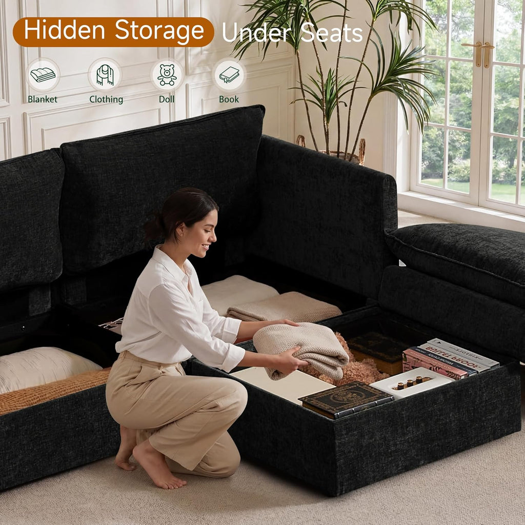 Modular Sofa with Storage, 103" L Shape Sectional Cloud Couch, Comfy Fabric Couch with Movable Ottoman, 4 Seat Modern Deep Seat Sofa for Living Room (Black Chenille)