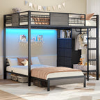 ADORNEVE Bunk Bed Twin Over Twin Size with 8 Storage Drawers, Twin Bunk Beds with Led Lights & Storage Shelves, Metal Loft Bed with 13.4" H Safety Guardrail & Ladder, for Kids & Teens, Black