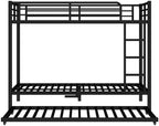 Metal Bunk Bed Twin XL over Twin XL with Trundle for 3 Kids/Teens/Adults, Heavy-duty Metal Bunk Bed Frame with Ladder & Safety Guardrail, Space-saving Design for Bedroom/Kidsroom/Dorm, Black
