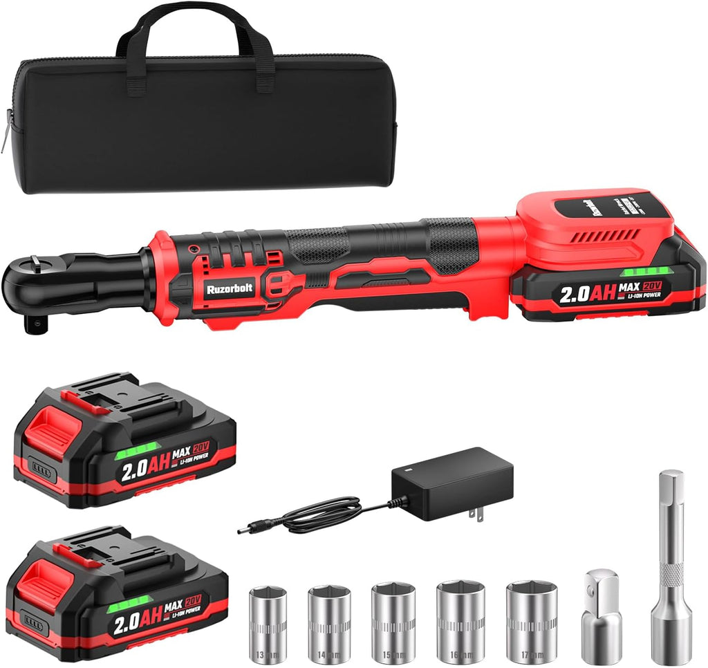 20V Cordless Ratchet Wrench 3/8" Set, 88 Ft-lbs(120N.m), 500 RPM, Electric Ratchet Wrench with 2PCS 2000mAh Batteries, Variable Speed, LED Light, 5 Sockets, 1/2" Adapter, 3" Extension Bar