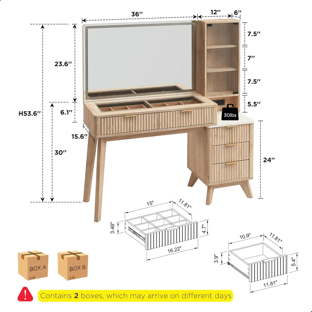 T4TREAM 48" Fluted Makeup Vanity Desk with Large 36" Mirror and Lights, Modern Glass Top Big Vanity Table with 5 Drawers & Adjustable Shelves, Dressing Table Set w/Charging Station for Bedroom, Oak