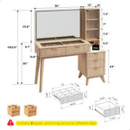 T4TREAM 48" Fluted Makeup Vanity Desk with Large 36" Mirror and Lights, Modern Glass Top Big Vanity Table with 5 Drawers & Adjustable Shelves, Dressing Table Set w/Charging Station for Bedroom, Oak
