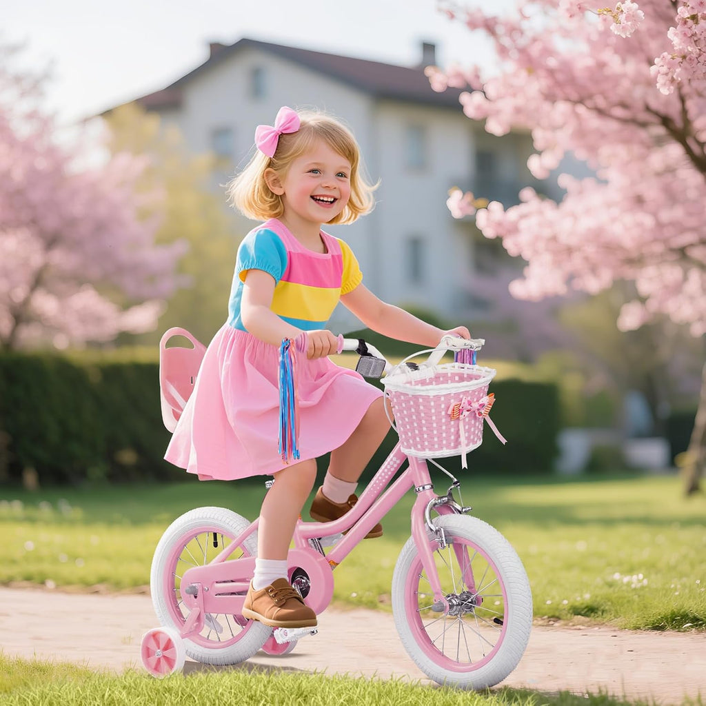 Glaf Kids Toddler Bike 12 14 16 20 Inch Girls Bike with Training Wheels Age 2-12 Years Old Toddler Girls Bike with Basket and Doll Seat Adjustable Seat