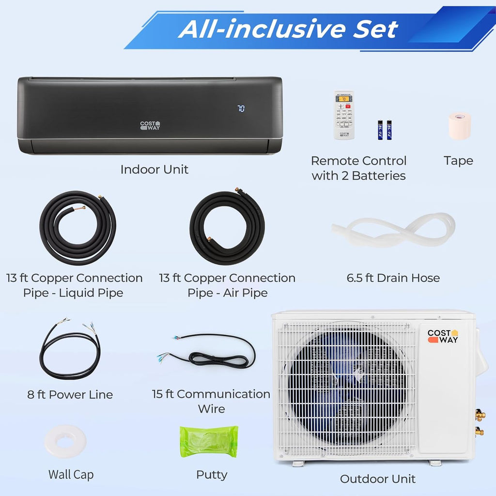 COSTWAY 12000 BTU Mini Split Air Conditioner & Heater, 21 SEER2 208-230V Inverter AC Unit Cools Rooms up to 750 Sq. Ft, Energy Star Split AC w/Heat Pump