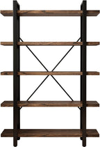 5-Tier Industrial Style Solid Wood Bookcase and Book Shelves,Rustic Wood and Metal Shelving Unit . Living Room,Modern Rustic Open Industrial Book Shelf Office,Distressed Brown (AY-02-5Tier)