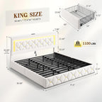 King Size Bed Frame with 4 Storage Drawers & LED Lights, Velvet Bed Frame with Charging Station, Wooden Slats, No Box Spring Needed, Beige