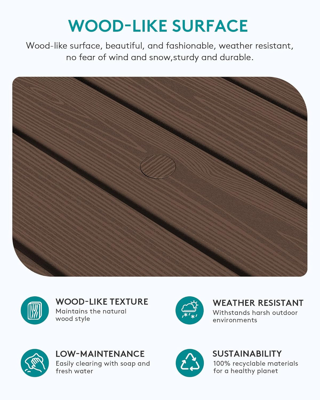 SERWALL Outdoor Coffee Table with 1.69" Umbrella Hole, HDPE Patio Coffee Table for Outside, Rectangle, Coffee