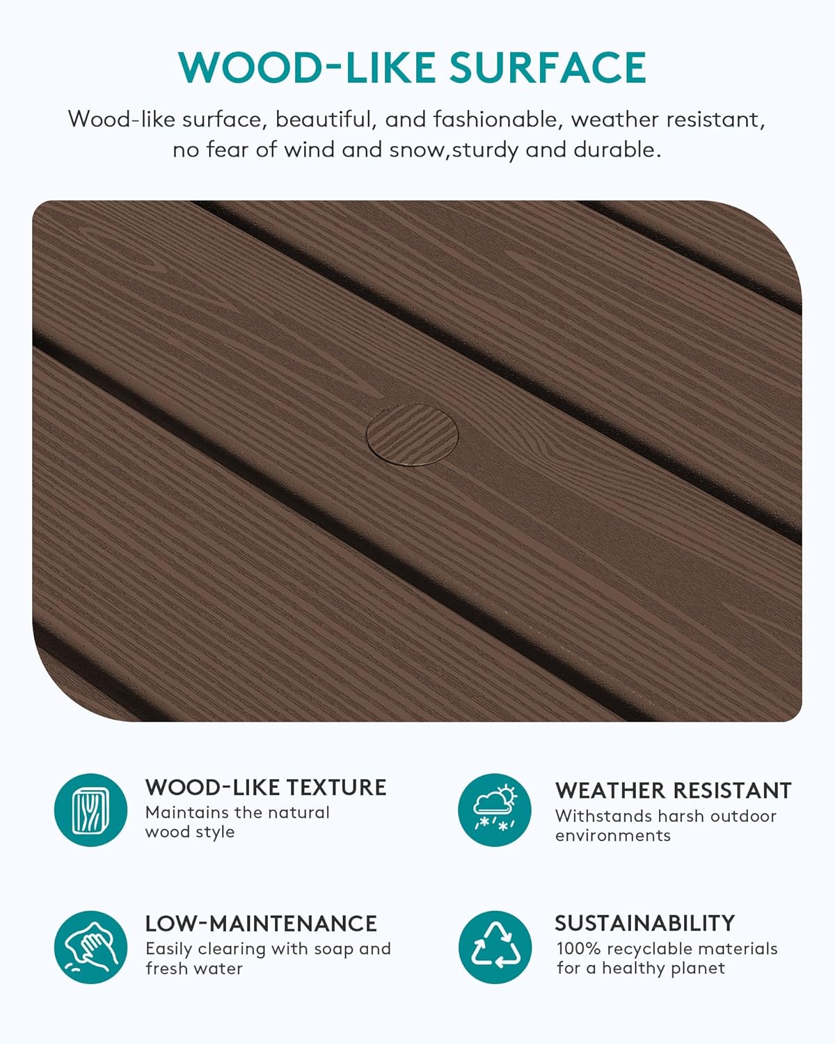 SERWALL Outdoor Coffee Table with 1.69" Umbrella Hole, HDPE Patio Coffee Table for Outside, Rectangle, Coffee