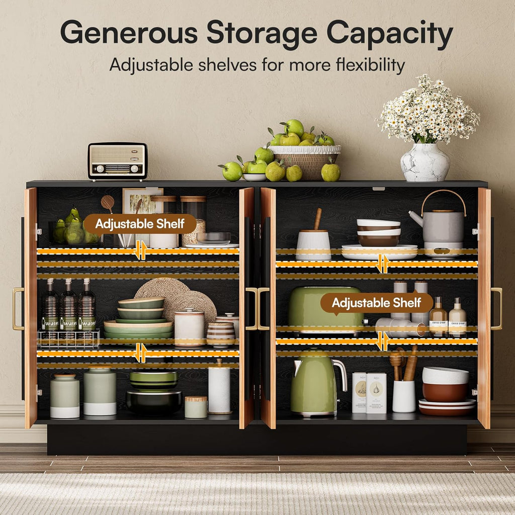 29" Fluted Modular Buffet Cabinet with Arched Doors & Gold Handles, Mid Century Modern Sideboard Credenza Storage with Adjustable Shelves, Wood Coffee Bar Console Table for Dining Living Room
