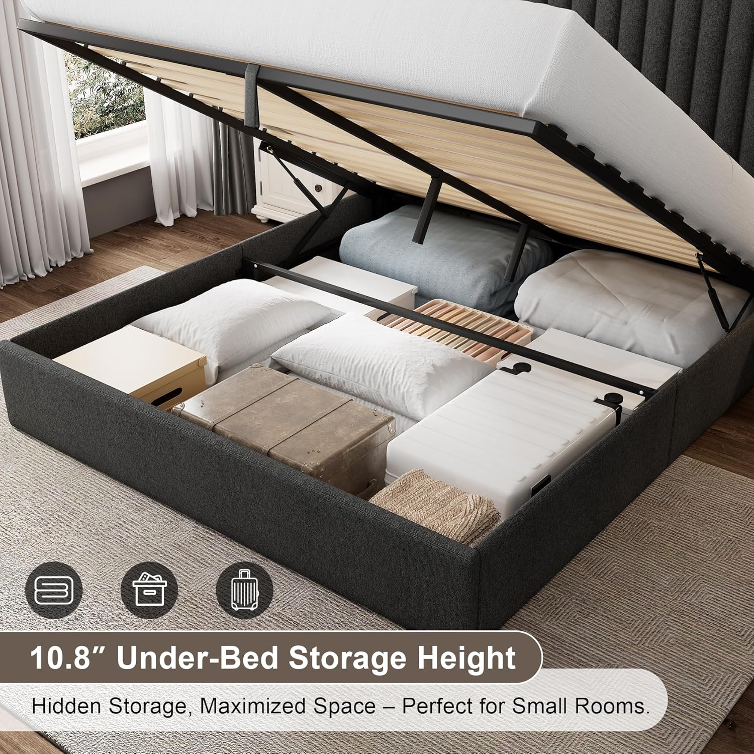 Queen Size Lift Up Storage Bed Frame with Wingback Headboard, Linen Upholstered Platform Bed with 10.8" Underneath Hydraulic Storage, Wooden Slats Support, No Box Spring Needed, Dark Gray