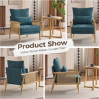 Karl home Cozy Chenille Accent Chair with Lumbar Pillow & Rattan Arms Modern Lounge Chair for Living Room, Bedroom, Reading Nook, Blue & Green
