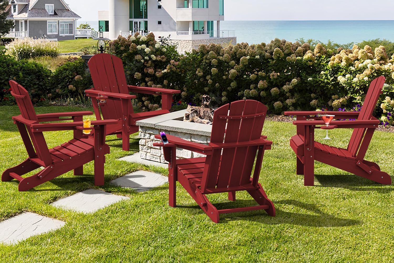 SERWALL Adirondack Chair with Cup Holders - Composite Adirondack Chairs Set of 6 HDPE Outdoor Chairs All Weather Use- Dark Red