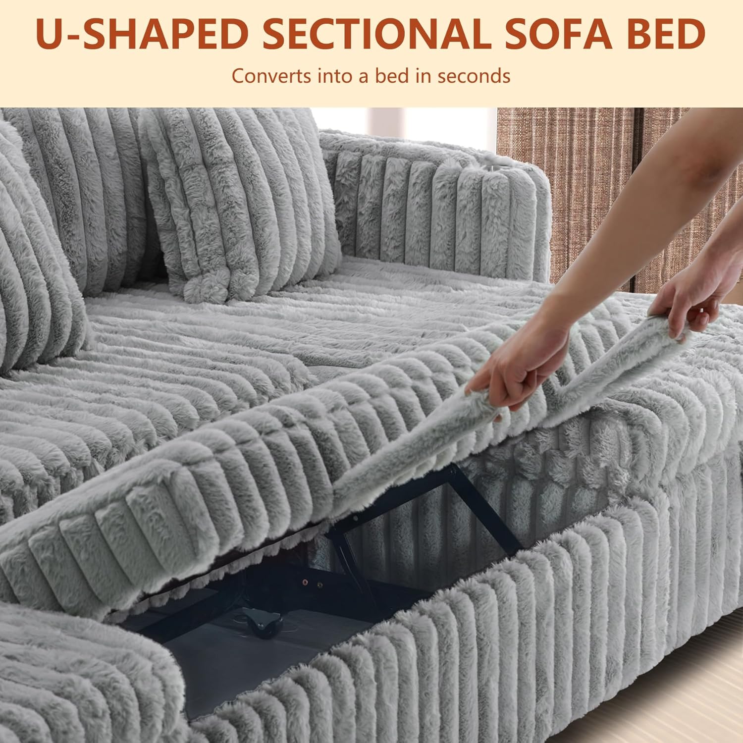 124" Sectional Sleeper Sofa with Pull Out Bed, Comfy Fluffy Plush Corduroy Cloud Sectional Couches for Living Room, U Shaped Modular Couch with Storage Chaise, Cup Holder & USB Charger, Grey