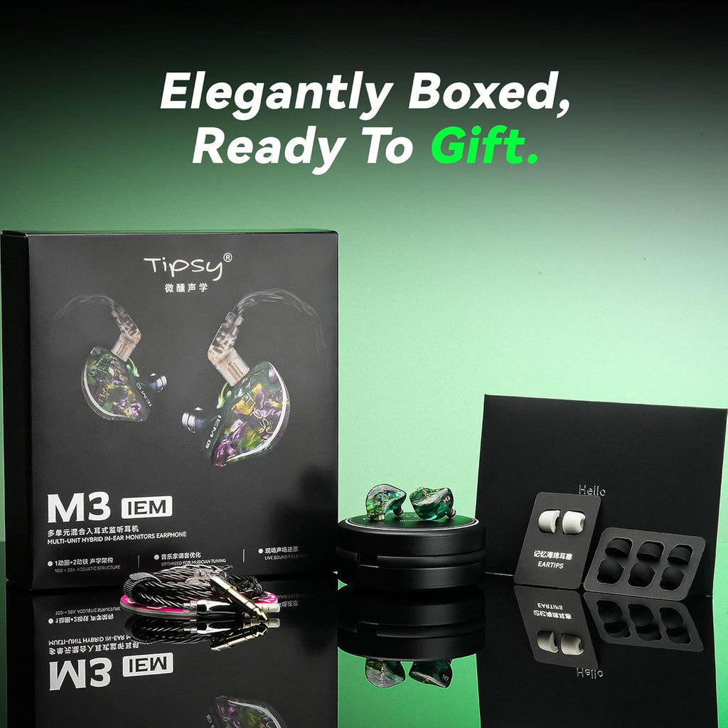 Tipsy M3 Professional IEM for Musicians  2BA + 1DD Drivers  36dB PNC  IPX5  Acoustic-Runway™ Technology  Skin-Friendly Resin  Detachable 0.78mm 2-pin Cable (No Mic  Green)