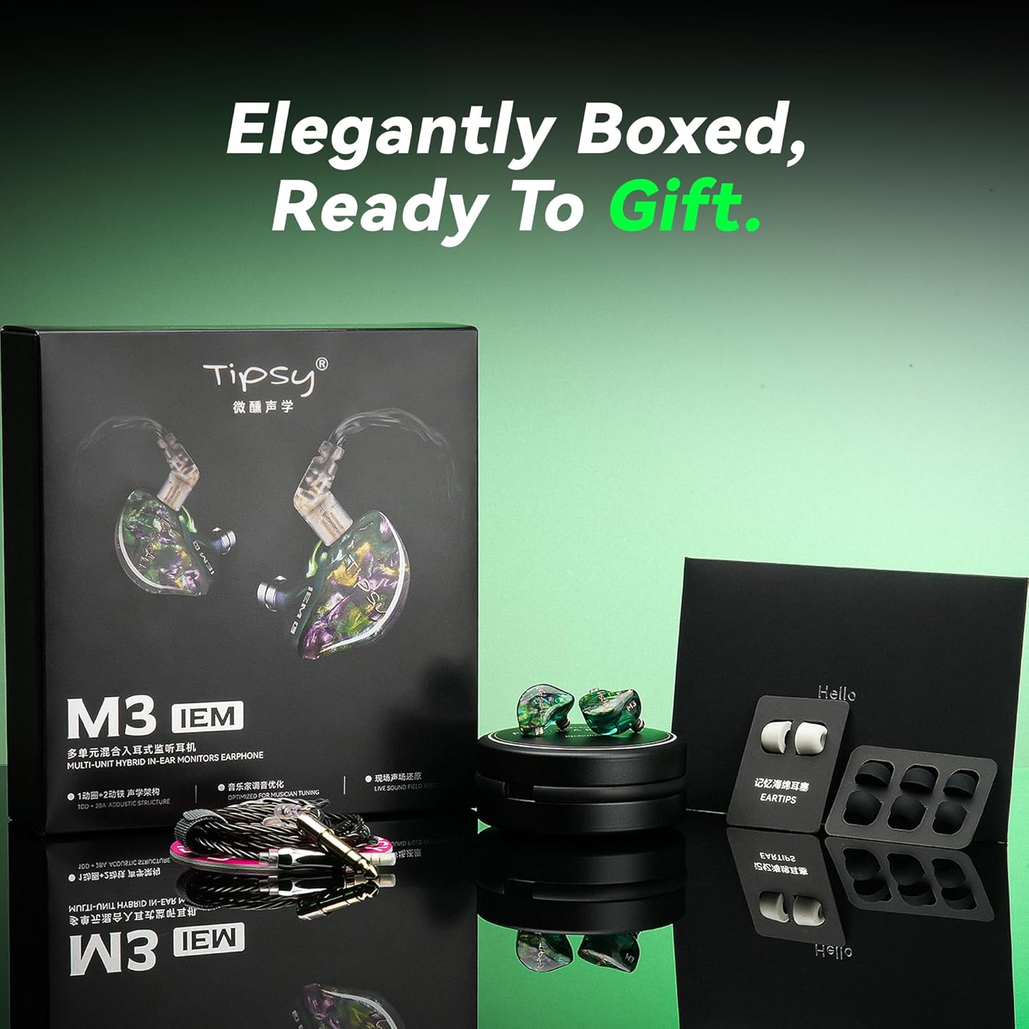 Tipsy M3 Professional IEM for Musicians  2BA + 1DD Drivers  36dB PNC  IPX5  Acoustic-Runway™ Technology  Skin-Friendly Resin  Detachable 0.78mm 2-pin Cable (No Mic  Green)