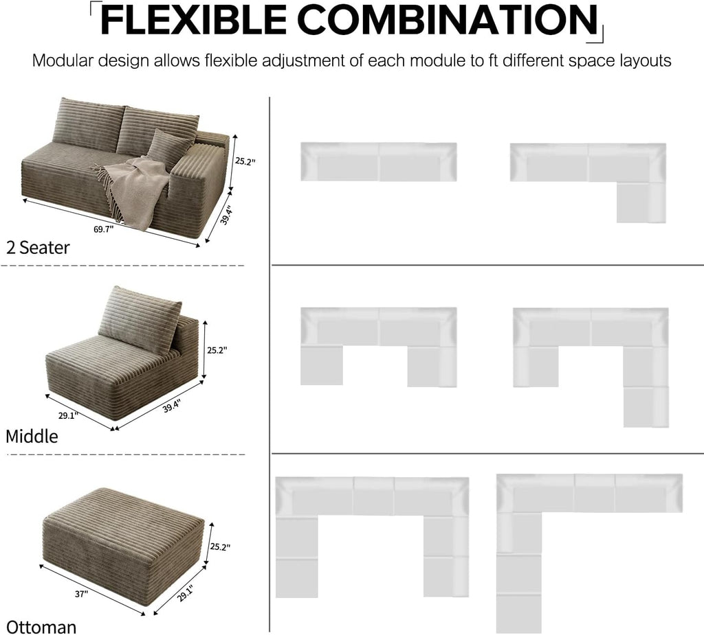 139.4" Modular Sectional Sofa Couch, Oversized U-Shaped Minimalist Couches with 2 Ottomans Chaise and 2 Middle Seats, Modern Deep Seat Cloud Plush Corduroy Sofas Set for Living Room, 8 Seater, Camel