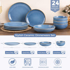 GBHOME Dinnerware Sets with Double Bowls for 6, 24 Pieces Stoneware Plates and Bowls Set, Scratch Resistant Ceramic Dishes Set, Dishwasher & Microwave Safe-Alaskan Blue